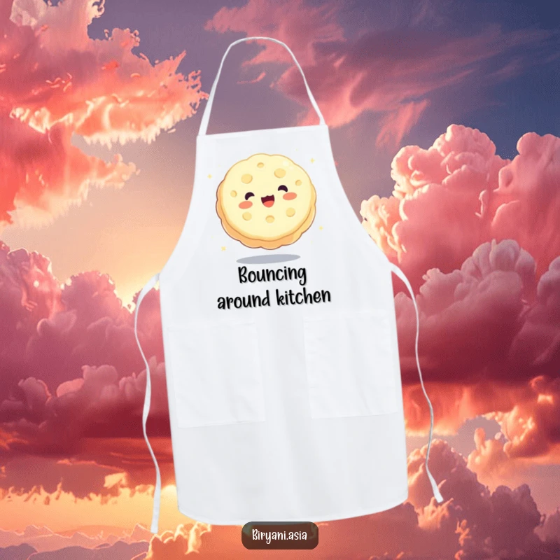 Funny charming mooncake happily bouncing like a ball, a humorous and functional kitchen apron.