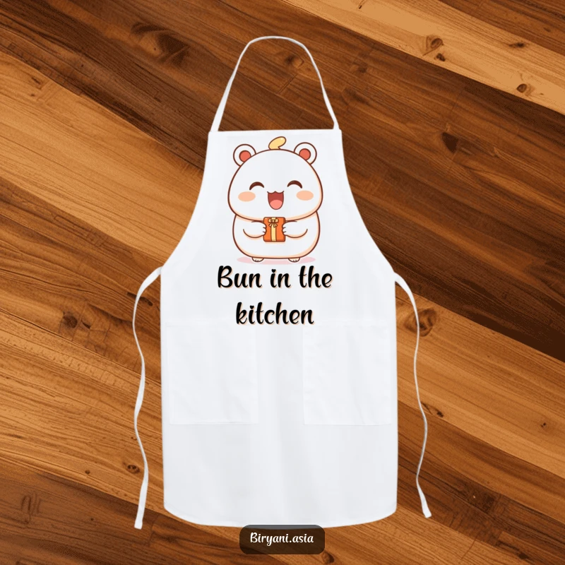 Funny Bao Bun Gift Apron featuring a smiling bao bun character offering a tiny gift, perfect for spreading joy in the kitchen.