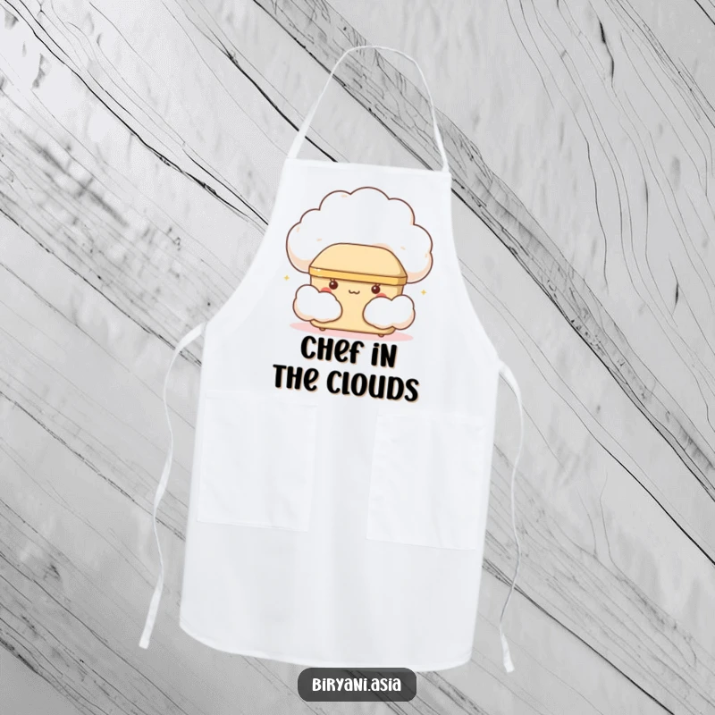 Funny giggling bento box peeking from a cloud, humorous and functional apron for kitchen fun.