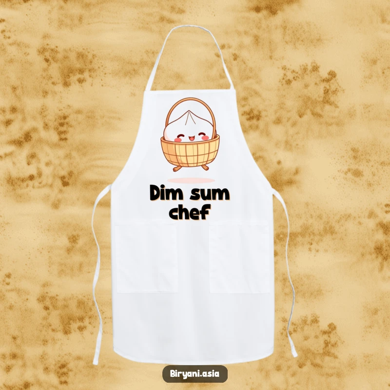 Funny Apron: A happy dim sum basket with small legs, hopping with glee, bringing fun to the kitchen.
