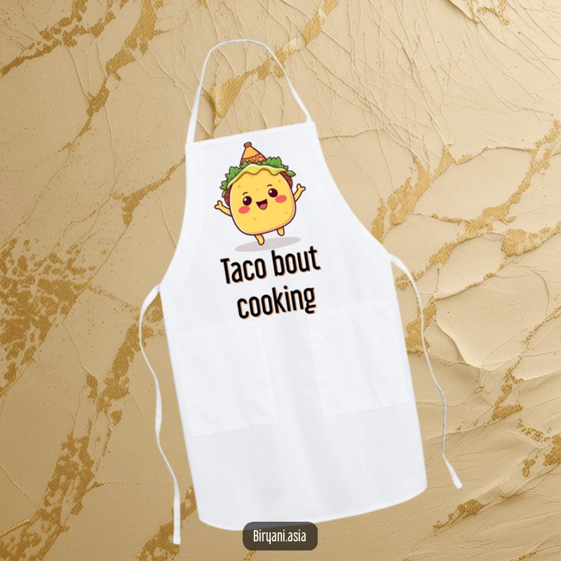 Funny Apron: A happy taco wearing a festive sombrero, bouncing with glee, making kitchen tasks more fun.