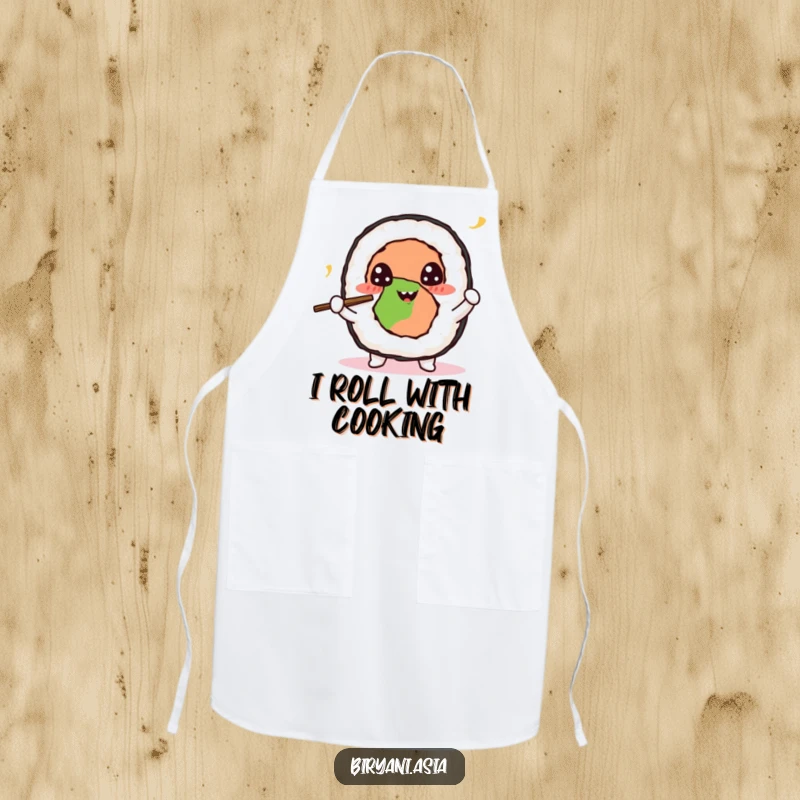 Funny Sushi Roll Juggling Apron featuring a happy sushi roll character juggling tiny chopsticks, perfect for adding skill and humor to cooking.