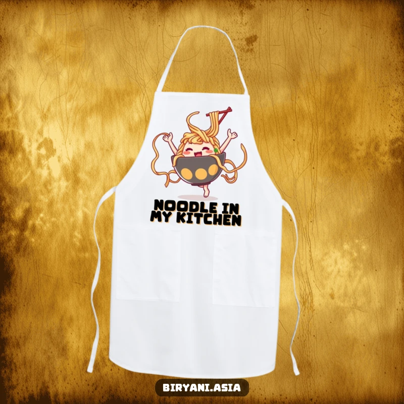 Funny Ramen Dance Apron featuring a ramen bowl character dancing playfully, twirling noodles like ribbons, perfect for kitchen fun.