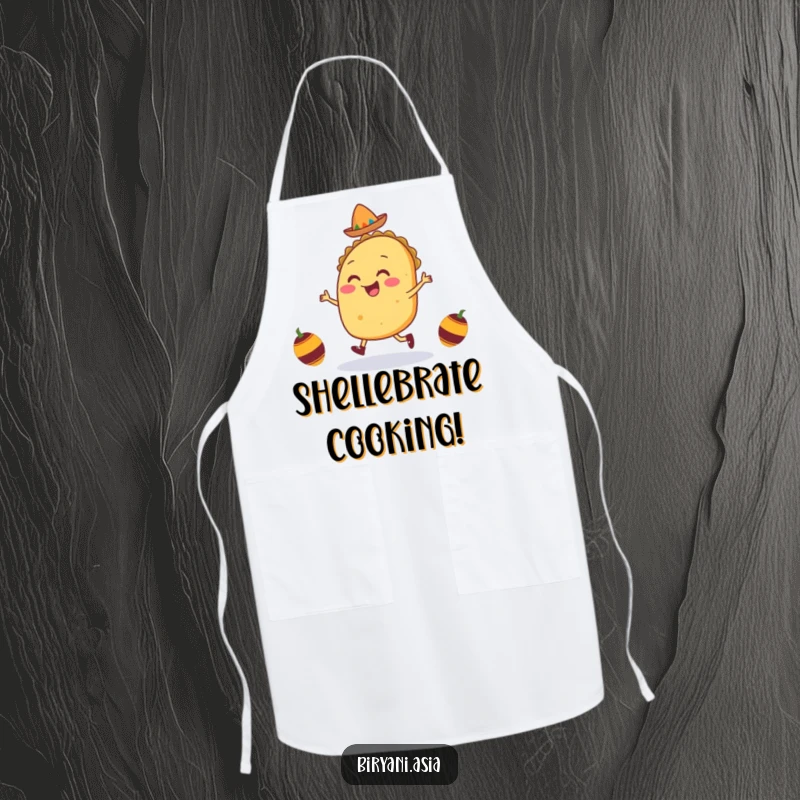 Funny Taco Jig Apron with a smiling taco character doing a lively dance with tiny maracas, ideal for kitchen fun and protection.