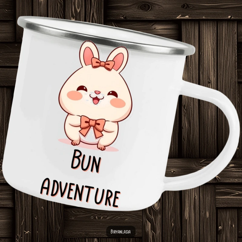 Funny Camping Mug: A happy bao bun with rosy cheeks, bowing with charm, ready for outdoor meals.