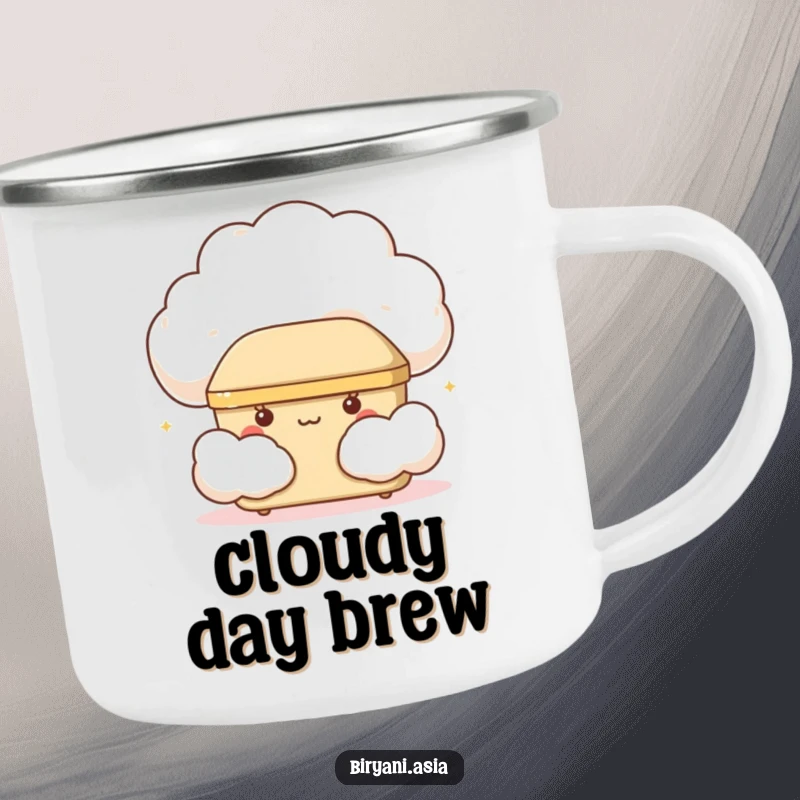 Funny giggling bento box peeking from a cloud, durable and humorous camping mug.