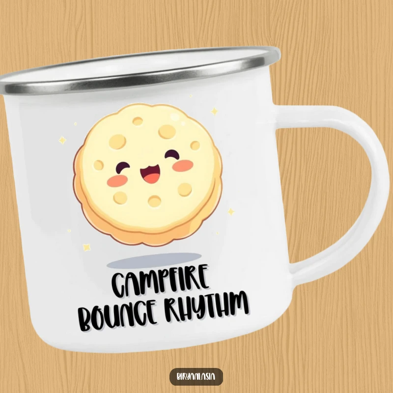 Funny charming mooncake happily bouncing like a ball, a durable and humorous camping mug.