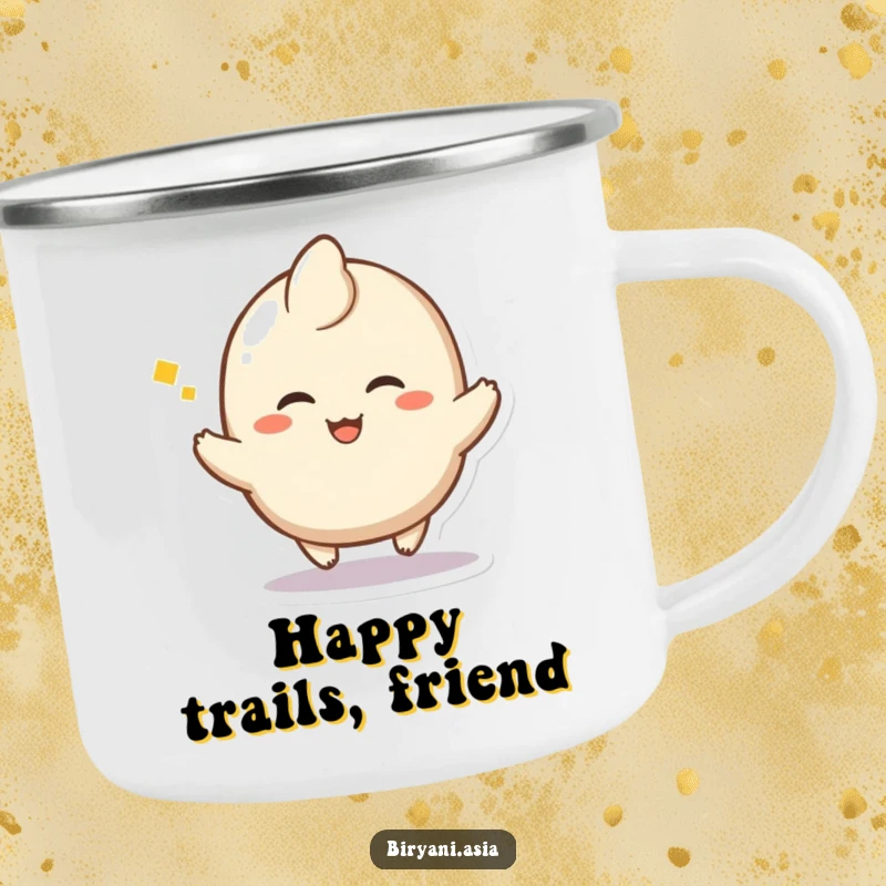 Funny Dumpling Hop Camping Mug featuring a happy dumpling character mid-hop with a sigh of delight, perfect for outdoor enjoyment.