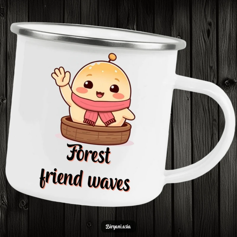 Funny happy steamed bun waving excitedly, a durable and humorous camping mug.
