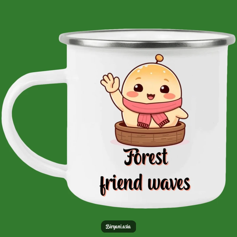 Funny Happy Steamed Bun Camping Mug: Adventure Fuel with Waving Foodie Friend