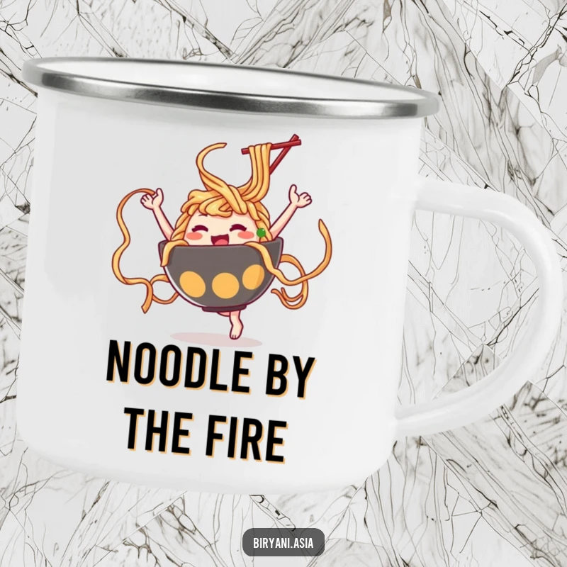 Funny Ramen Dance Camping Mug featuring a happy ramen bowl character twirling noodles like ribbons, perfect for outdoor sipping.