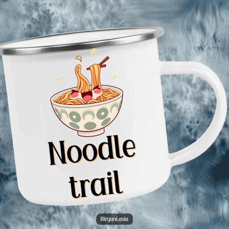 Funny Camping Mug: A happy bowl of ramen noodles with chopsticks, juggling itself, ready for outdoor meals.
