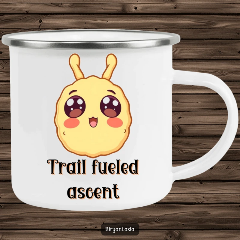 Funny surprised tempura floating upwards, a durable and humorous camping mug.