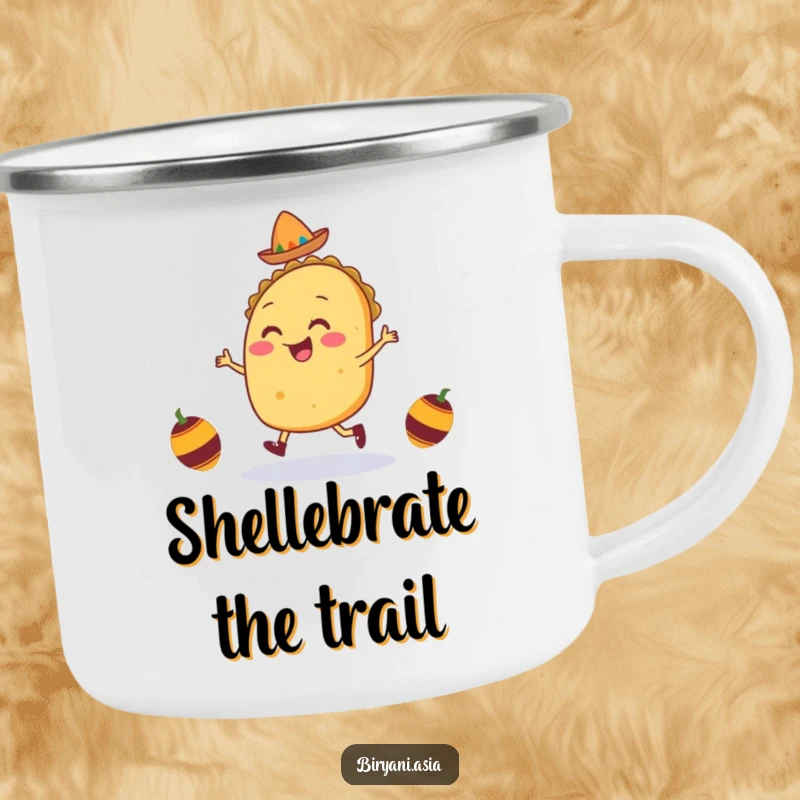 Funny Taco Jig Camping Mug depicting a smiling taco character doing a lively dance with tiny maracas, perfect for outdoor sipping.