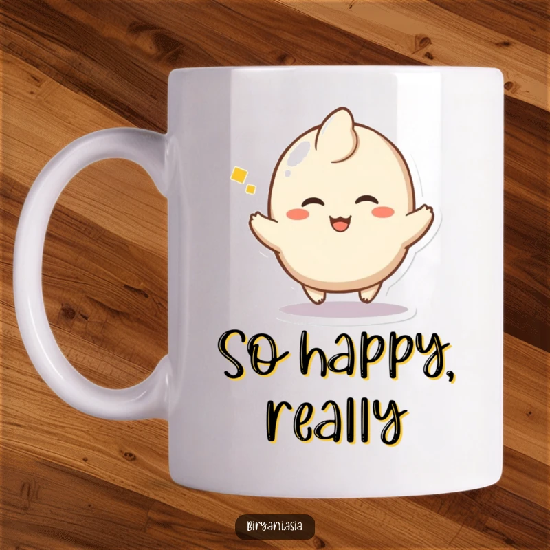 Funny Dumpling Hop Mug featuring a happy dumpling character mid-hop with a blissful sigh of pure delight.