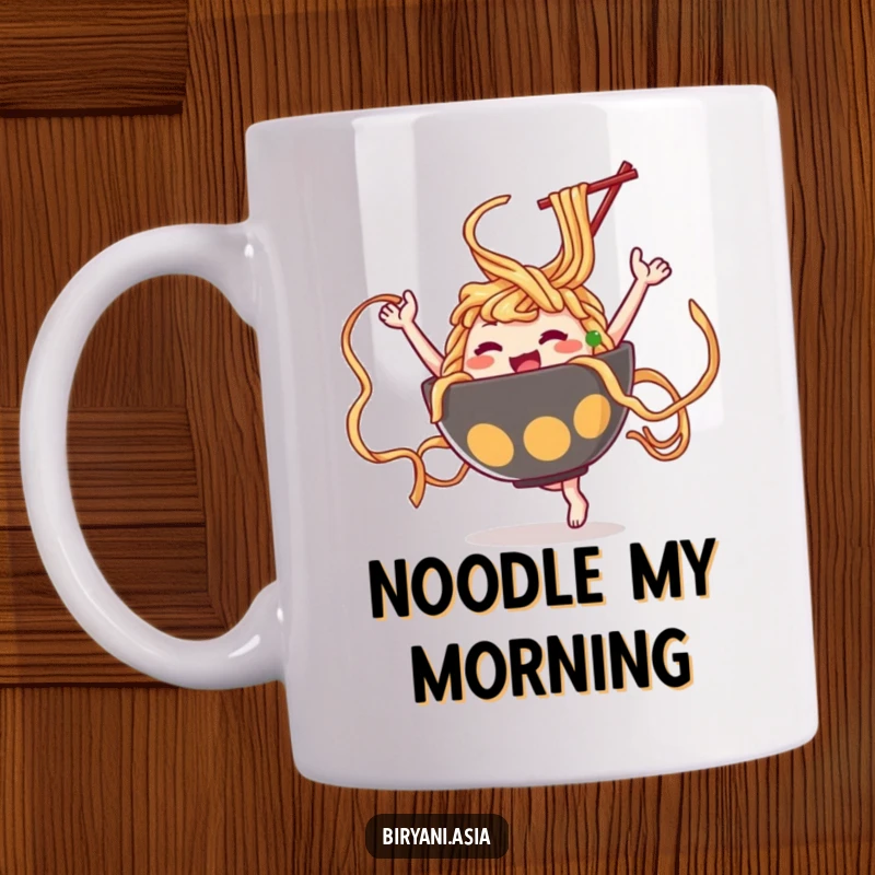 Funny Ramen Dance Mug featuring a happy ramen bowl character energetically twirling noodles like vibrant, flowing ribbons.