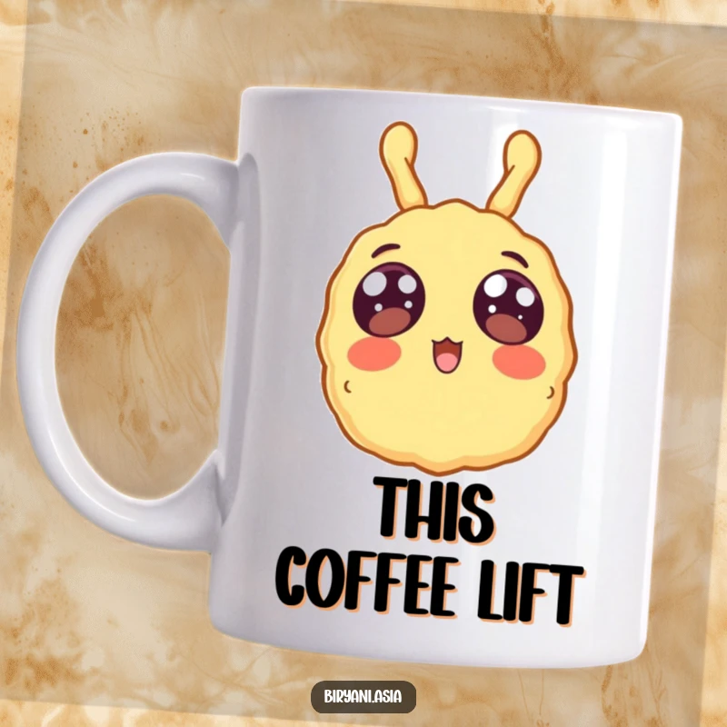 Funny surprised tempura piece with wide eyes floating upwards, a humorous and eye-catching mug.