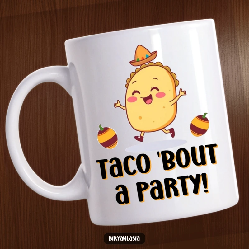 Funny Taco Jig Mug featuring a smiling taco character energetically dancing with tiny maracas, radiating pure joy and fiesta vibes.