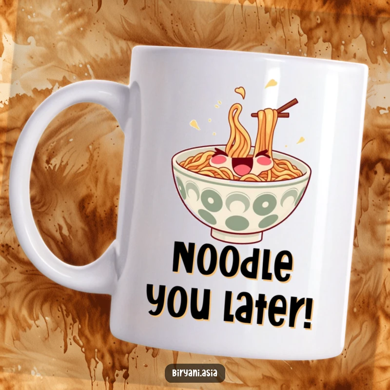 Funny Mug: A happy bowl of ramen noodles with tiny chopsticks, impressively juggling itself with delight.