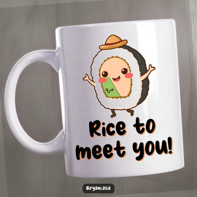Funny Mug: A smiling sushi roll with a tiny hat expertly tap dancing with joy, bringing pure comedic delight.