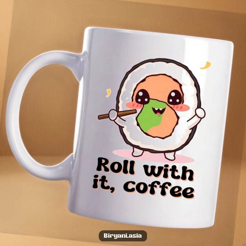 Funny Sushi Roll Juggling Mug featuring a cheerful sushi roll character expertly juggling tiny chopsticks with bright, happy eyes.