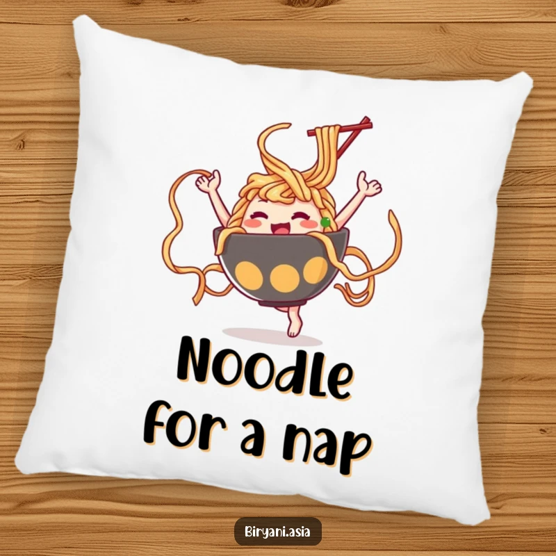 Funny Ramen Dance Pillow featuring a happy ramen bowl character twirling noodles like ribbons, providing a humorous and plush accent.