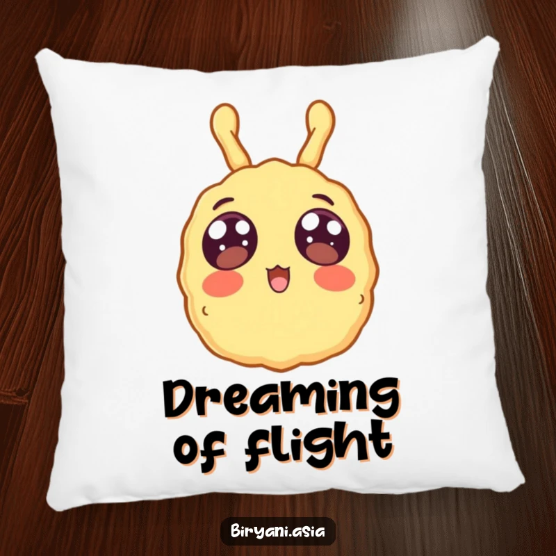 Funny surprised tempura floating upwards, a soft and humorous decorative pillow.