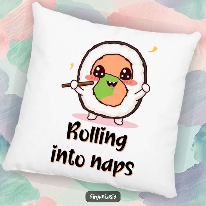 Funny Sushi Roll Juggling Pillow featuring a cheerful sushi roll character juggling tiny chopsticks, providing a humorous and plush accent.