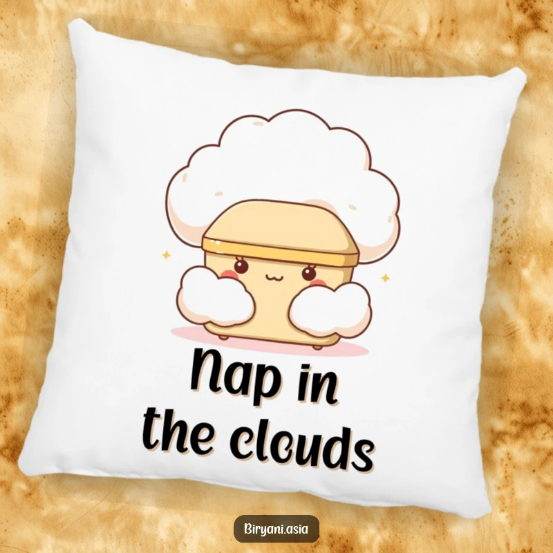 Funny giggling bento box peeking from a cloud, soft and decorative humorous pillow.