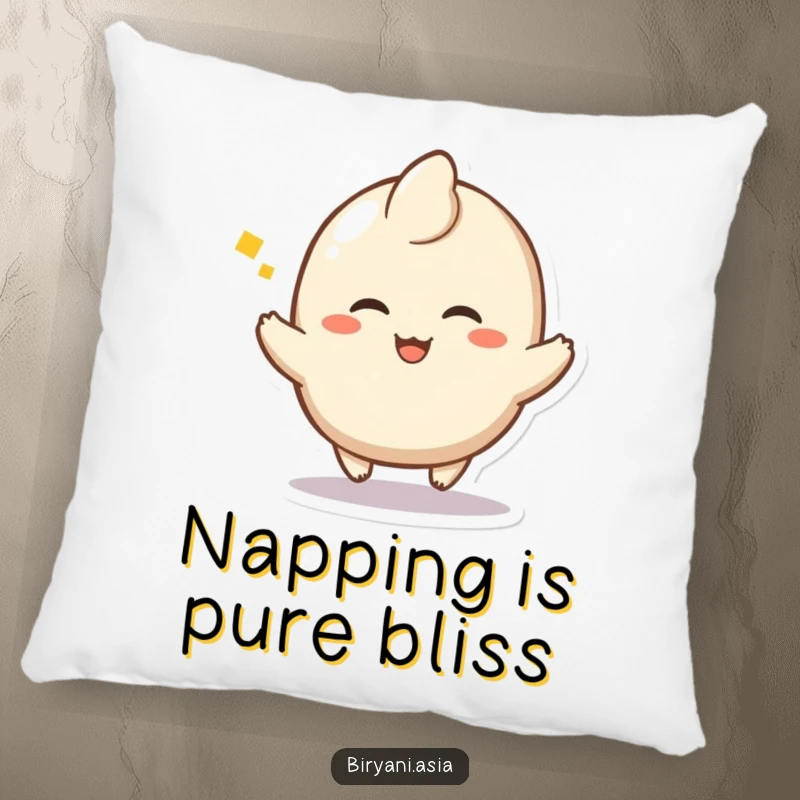 Funny Dumpling Hop Pillow featuring a happy dumpling character mid-hop with a sigh of pure delight, offering comfort.