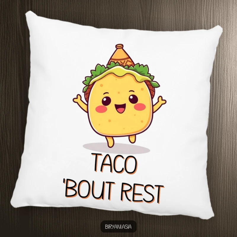 Funny Pillow: A smiling taco in a miniature sombrero, bouncing energetically, perfect for adding a touch of joy.