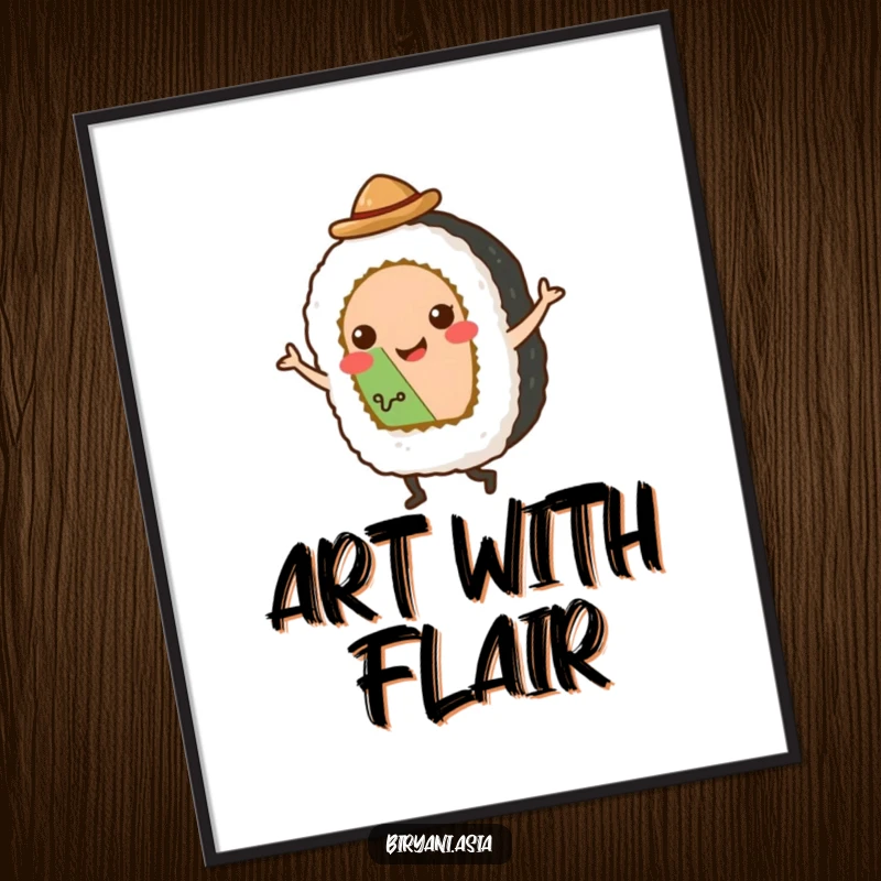 Funny Digital Art: A smiling sushi roll wearing a hat, captured in a dynamic tap dance pose, full of energy.