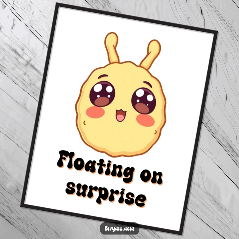 Funny surprised tempura floating upwards, downloadable humorous digital art print.