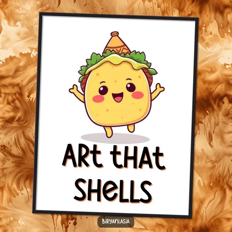 Funny Digital Art: A happy taco wearing a sombrero, captured mid-bounce, bringing a playful and festive vibe.