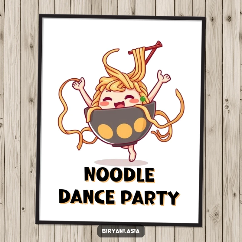 Funny Ramen Dance Digital Art Print of a ramen bowl character twirling noodles like ribbons, offering instant, humorous decor.