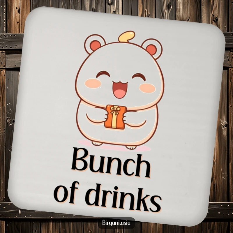 Funny Bao Bun Gift Coasters featuring a smiling bao bun character offering a tiny gift, protecting surfaces with sweet humor.