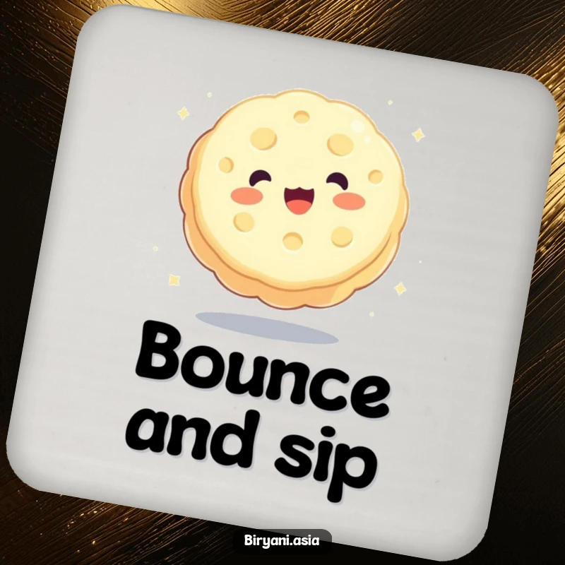 Funny charming mooncake happily bouncing like a ball, a humorous and protective drink coaster.