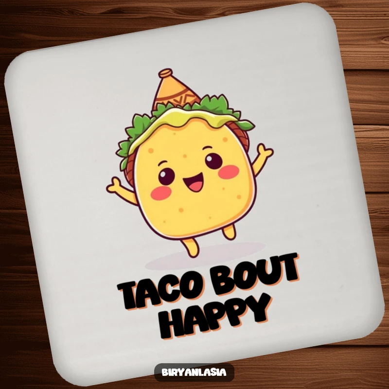 Funny Coaster: A smiling taco in a sombrero, bouncing with delight, protecting your surfaces in style.