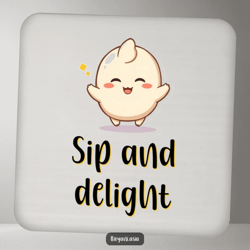 Funny Dumpling Hop Coasters featuring a happy dumpling character doing a little hop with a sigh of delight, protecting surfaces.