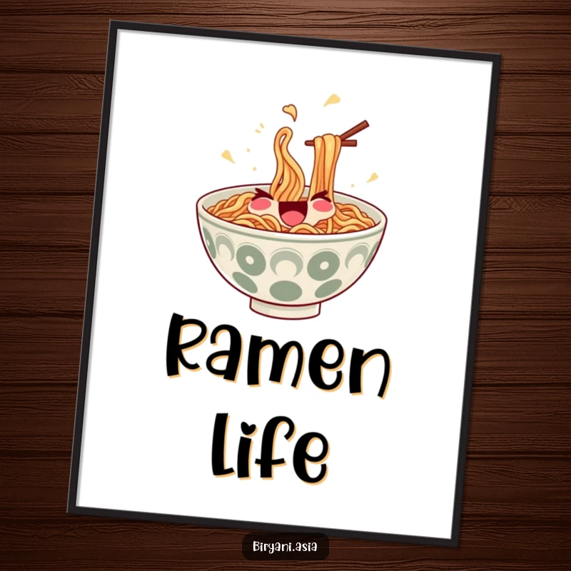 Funny Poster: A happy bowl of ramen noodles with chopsticks, performing an impressive juggling act.