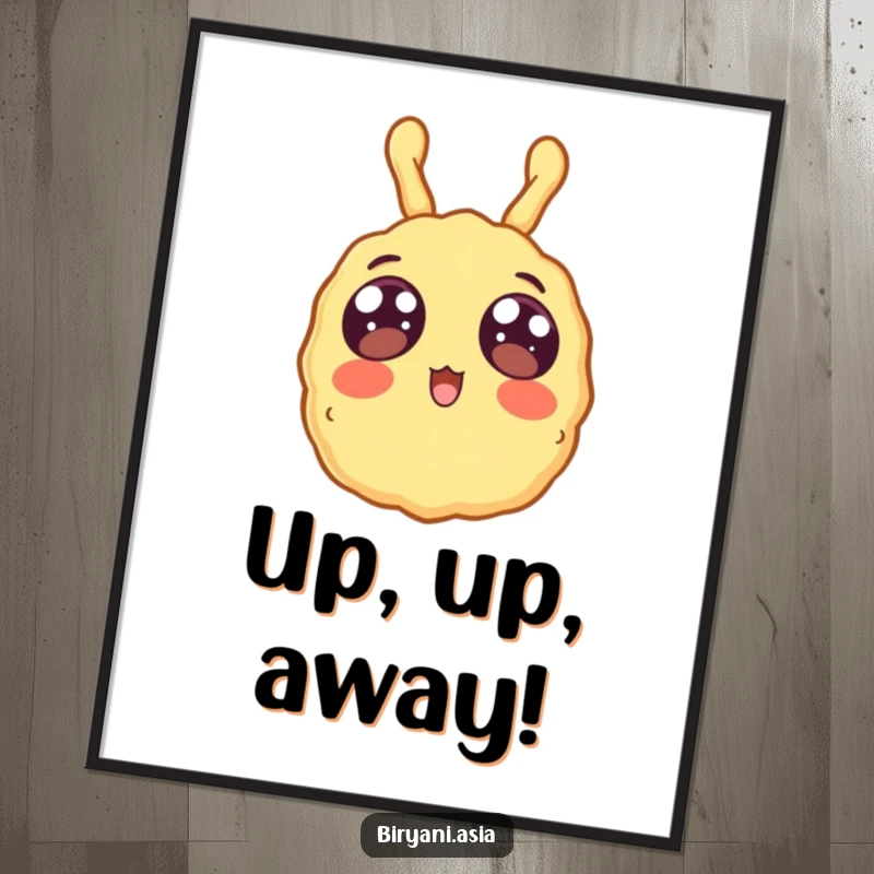 Funny surprised tempura piece floating upwards, humorous food-themed wall art poster.