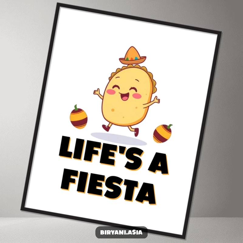 Funny Taco Jig Poster showcasing a stylized, smiling taco character doing a lively jig with tiny maracas, creating a festive and humorous visual.