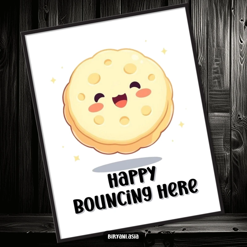 Funny charming mooncake happily bouncing like a ball, humorous wall art poster.