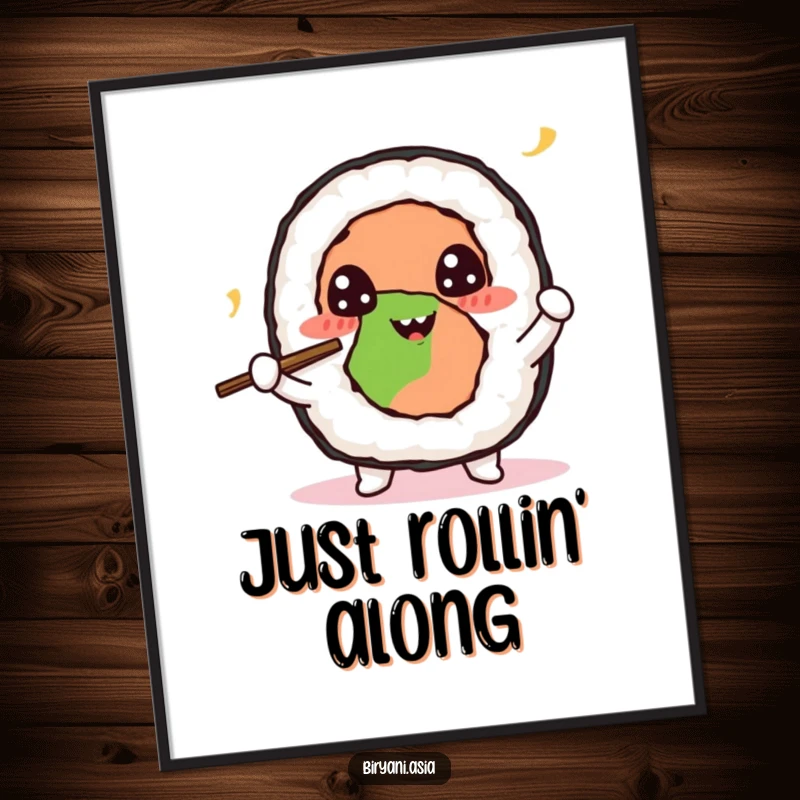 Funny Sushi Roll Juggling Poster featuring a happy sushi roll character mid-juggle with tiny chopsticks, radiating joy and artistic skill.