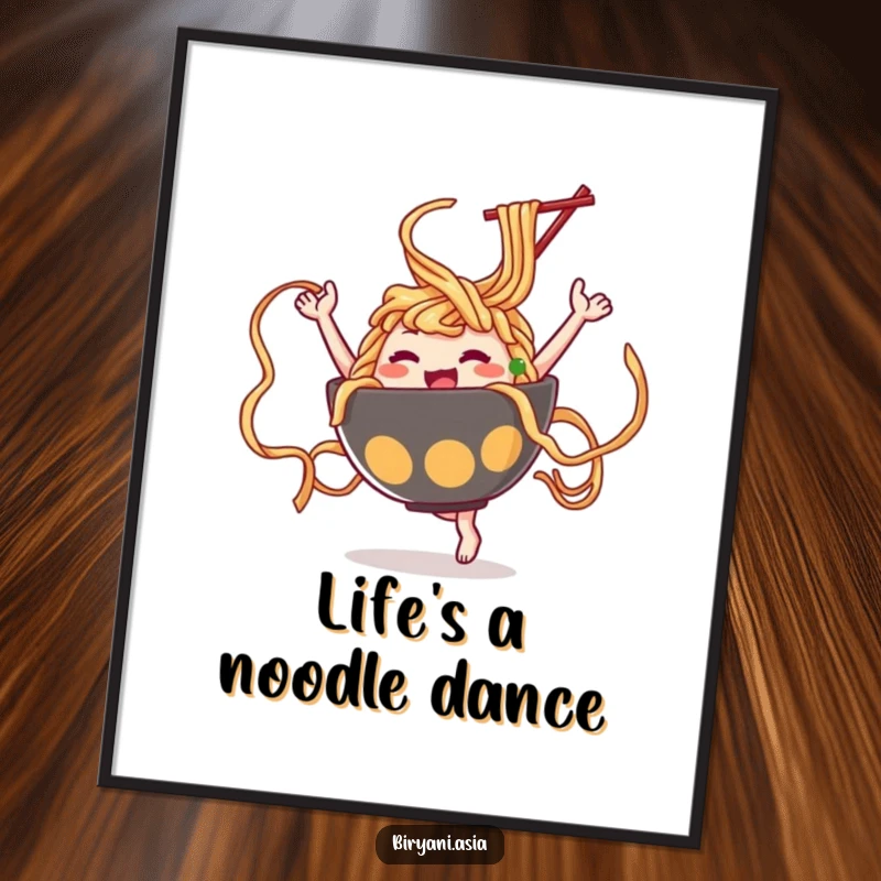 Funny Ramen Dance Poster showcasing a ramen bowl character in a dynamic dance, twirling noodles like colorful, flowing ribbons.