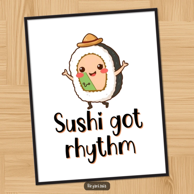 Funny Poster: A happy sushi roll wearing a small hat, captured mid-tap dance, bringing a smile to viewers.