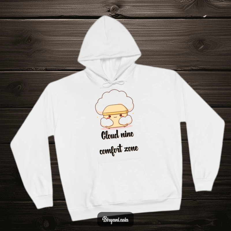 Funny giggling bento box hiding behind a cloud, soft and cozy hoodie design for humorous comfort.