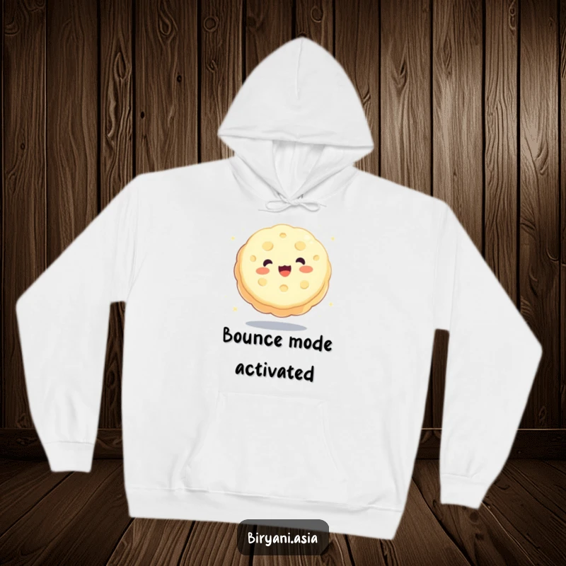 Funny charming mooncake happily bouncing like a ball, a cozy and humorous hoodie design.