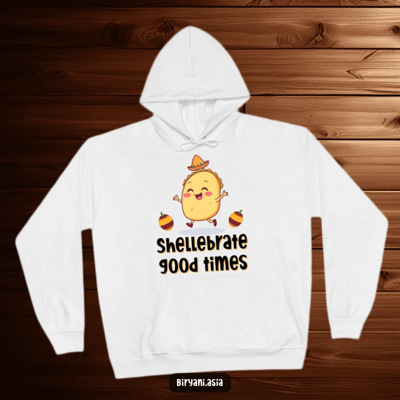 Funny Taco Jig Hoodie depicting a smiling taco character doing a happy dance with tiny maracas, embodying a cozy and festive spirit.