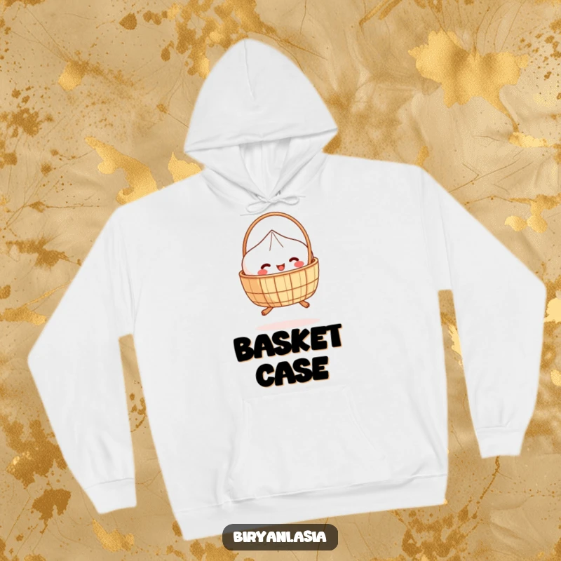 Funny Hoodie: A delighted dim sum basket with tiny legs, captured mid-hop, radiating pure joy.